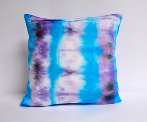 Turquoise, Orchid and Black Striped Cotton Shibori Pillow Cover 14" Square