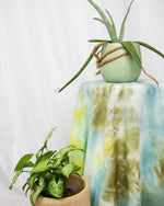 blue, green, olive, aqua tapestry and tablecloth