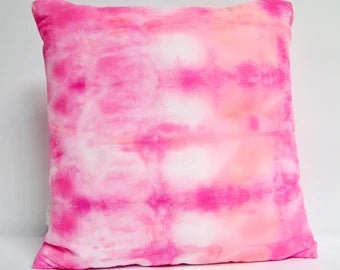 Coral Pink and Fuchsia Cotton Shibori Pillow Cover 14" Square